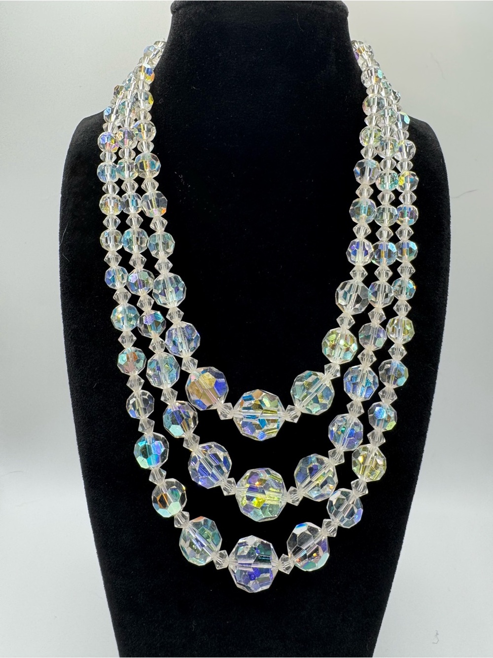 Vintage Aurora Borealis Crystal 3-Strand Necklace